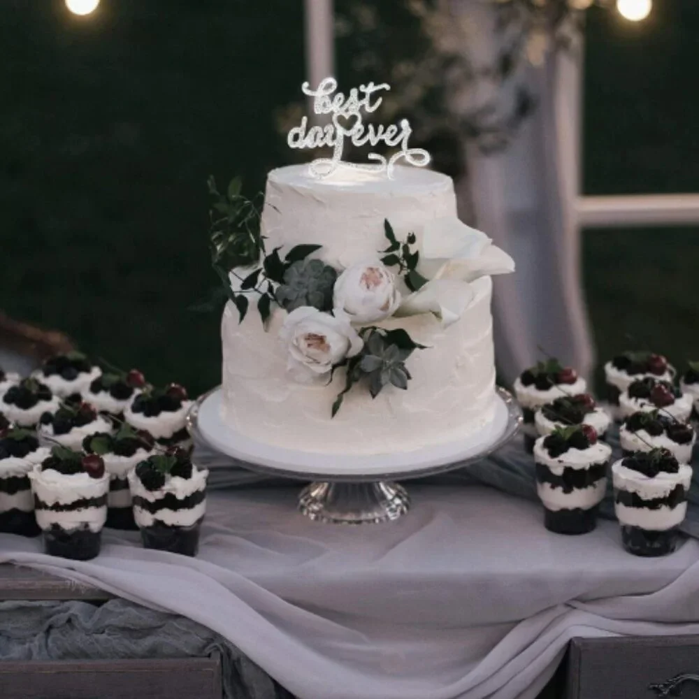 Silver Metal Best Day Ever Rhinestone Wedding Cake Topper Decoration